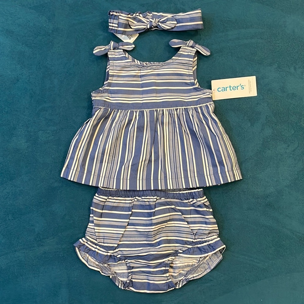 🧡💜 NWT Carter’s Striped 3-piece romper set, size 6-9 months